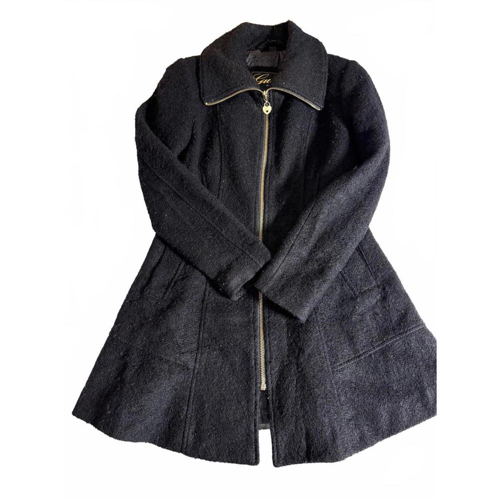 Vintage Y2K‎ GUESS Black Wool blend full Zip Fit and Flare Short Coat Wms Size M